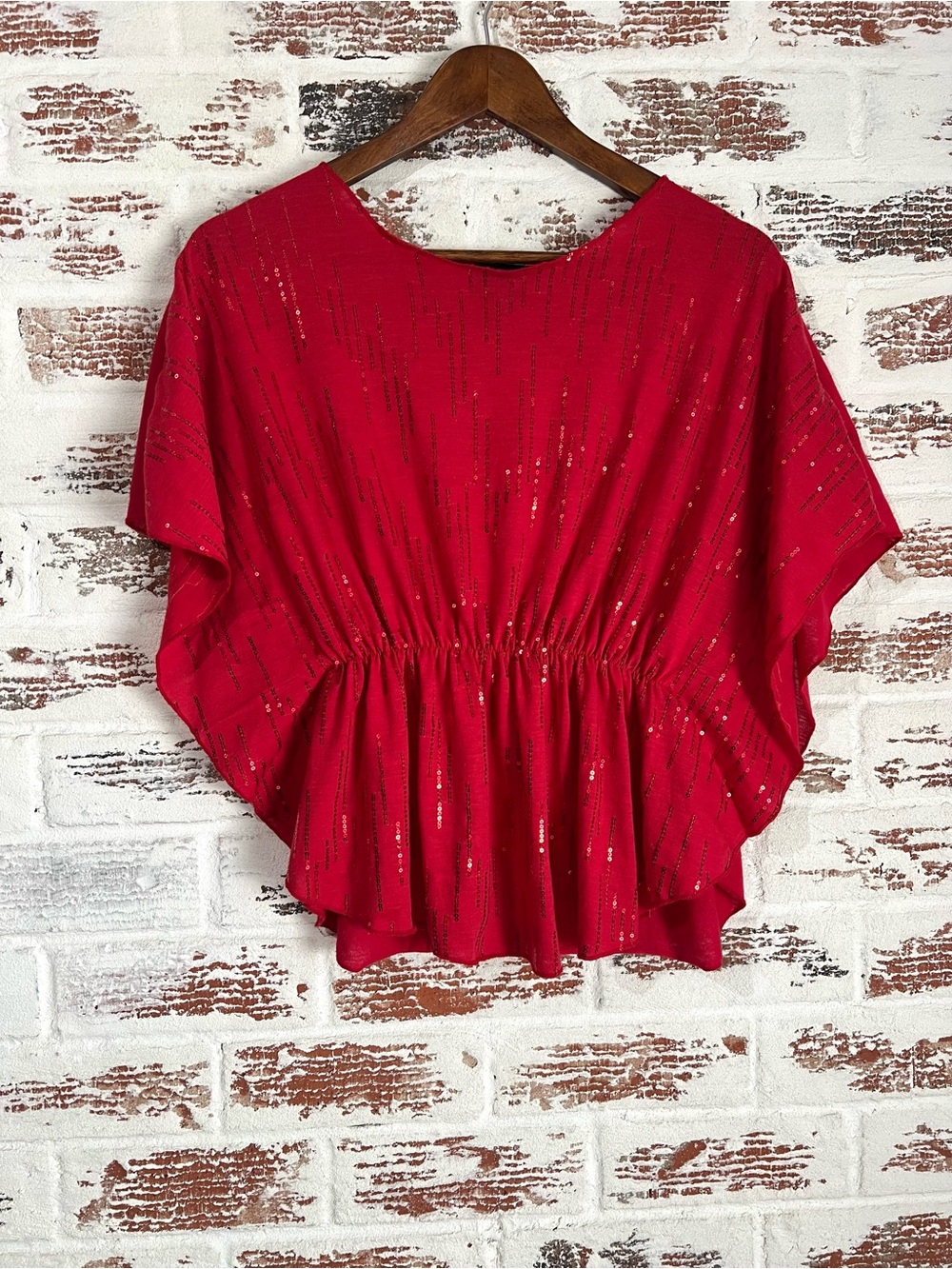 Rue 21 Sequin Top Blouse Y2K Glam Sparkle Peplum Red Flutter Kimono Sleeve Sz S